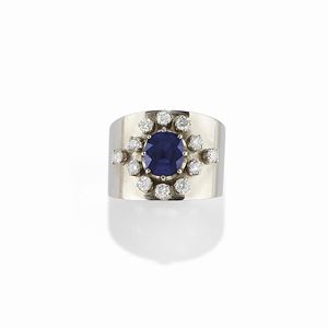 A 18K white gold, sapphire and diamond ring