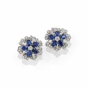 A 18K white gold, sapphire and diamond earclips