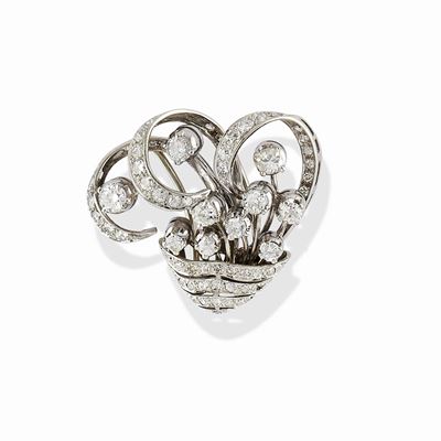 Spilla in oro bianco 18K con diamanti taglio huit-huit e vecchio