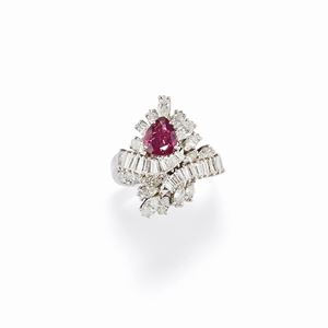 A 18K white gold, ruby and diamond ring