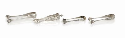 Set di quattro pinze da ghiaccio in argento e alpacca, Italia, fine XIX secolo