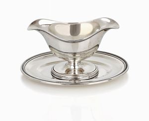 SALSIERA CON PIATTO IN ARGENTO, ARGENTIERE RICCI, ALESSANDRIA, 1950-67