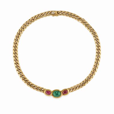 Collana in oro giallo 18K con smeraldo e rubini