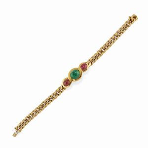 A 18K yellow gold, ruby and emerald bracelet, Bulgari