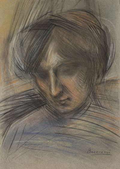 Testa femminile, pastelli su carta azzurrina