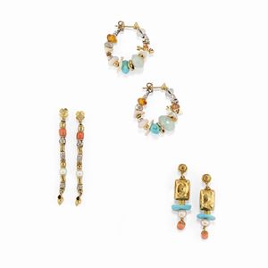 Misani  - Three 18K yellow gold, coral, turquoise, diamond and gemstones couples of earrings