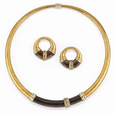 Demi-parure in oro giallo 18K con diamanti e quarzo fumé