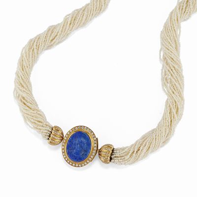 Collana con perle, diamanti e cammeo in lapislazzuli, oro giallo 18K