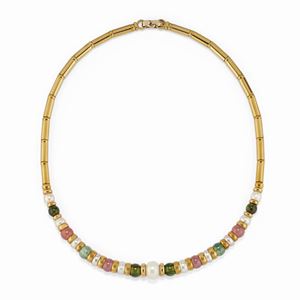 A 18K yellow gold, cultured pearl, semiprecious gemstone necklace