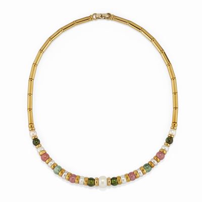 Collana in oro giallo 18K con perle coltivate e gemme semipreziose