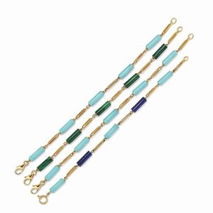 Four 18K yellow gold, turquoise, lapislazuli and malachite bracelet