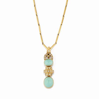 Scavia, Collana in oro giallo 18K con turchesi ovali e diamanti