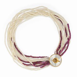 A 18K yellow gold, cultured pearl, ruby and mother-of-pearl necklace