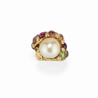 Anello in oro giallo 18K con perla barocca e pietre semipreziose