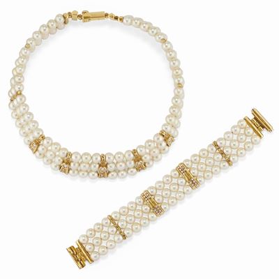 Demi-parure in oro giallo 18K con diamanti e perle coltivate