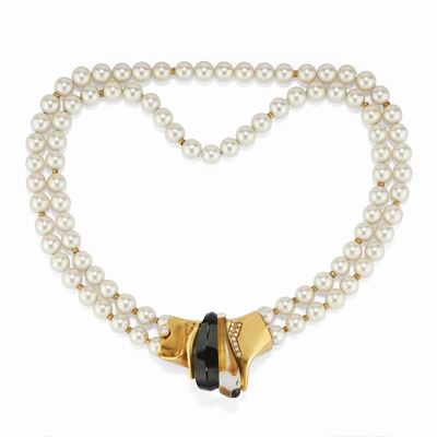 Collana con perle coltivate, cristallo di rocca, onice e diamanti in oro giallo 18K