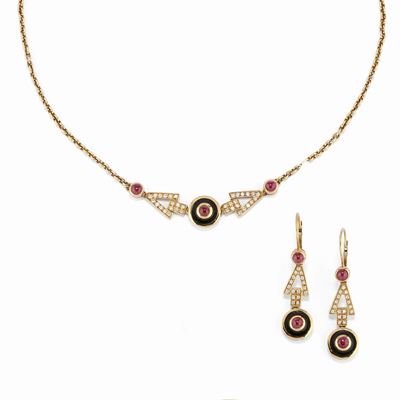 Valentino, Demi-parure in oro giallo 18K con diamanti, rubini e onice