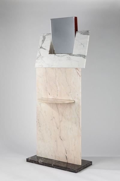 Consolle Damecuta, marmo rosa Portogallo, bianco Carrara e rosso Levanto, 1982 ca.