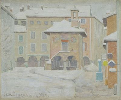 Paesaggio invernale, olio su tavola di compensato