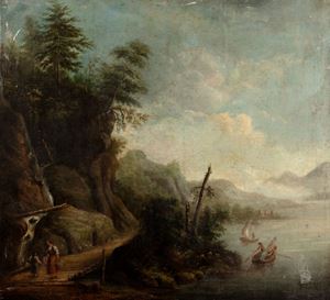 River landscape with wooden bridge and wayfarers