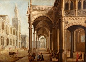 Scuola fiamminga secolo XVII - Capriccio with Gothic architecture and the Visitation in the foreground