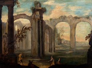 Scuola napoletana, secolo XVII - Capriccio with classical architecture and bystanders