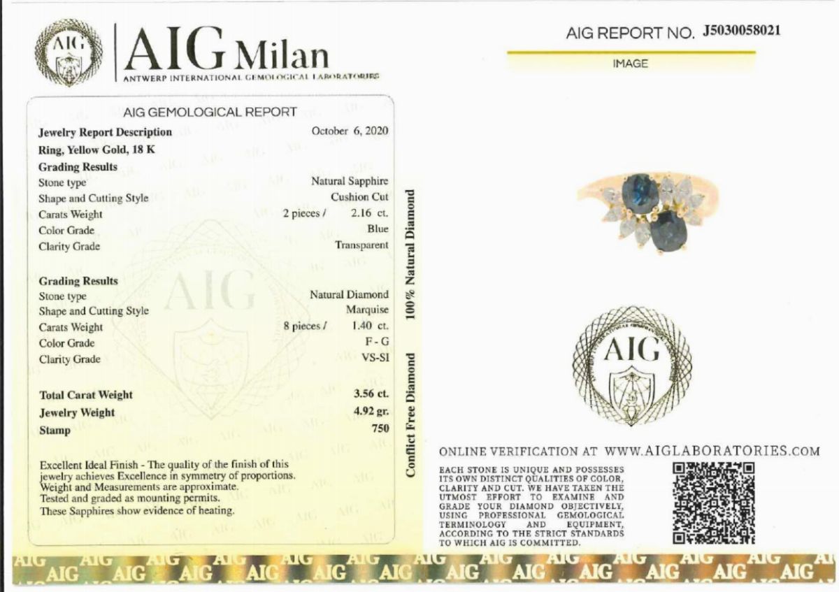 Anello in oro giallo 18K con zaffiri ovali ct 2,16 e diamanti marquise ct 1,40