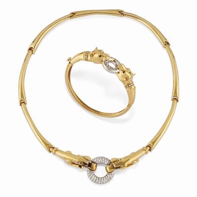 Demi-parure in oro giallo 18K con motivo a pantere e diamanti