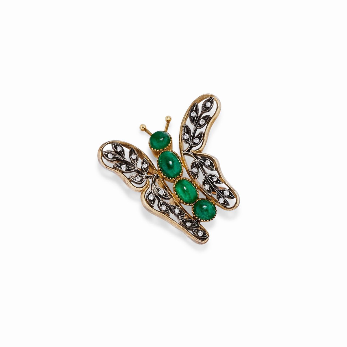 Spilla e pendente con diamanti e smeraldi, oro giallo 18K e argento