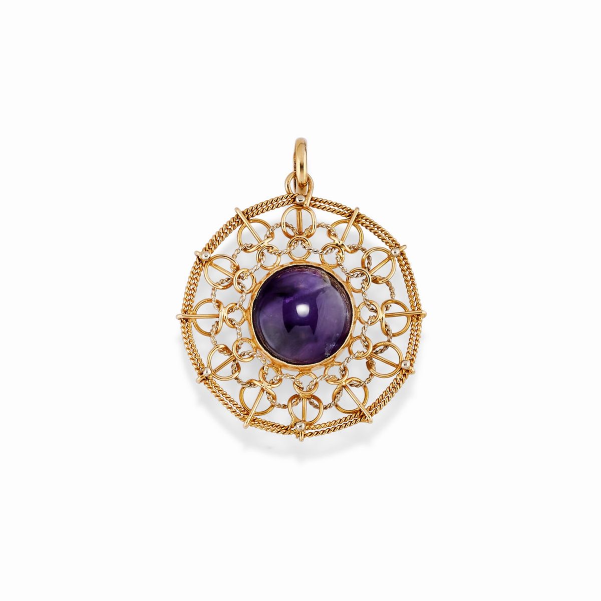 Spilla e pendente con diamanti e smeraldi, oro giallo 18K e argento