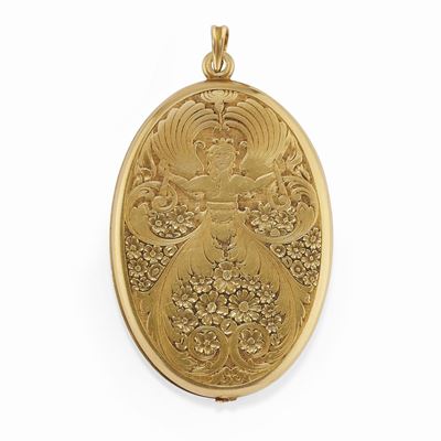 Pendente portafotografia, oro giallo 18K e argento, decoro floreale