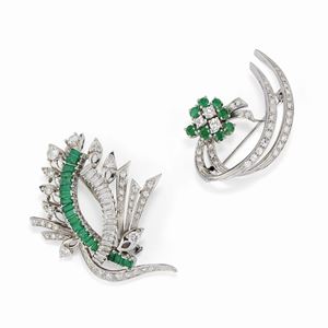 Two-18K white gold, diamond and emerald brooches, circa 1960
