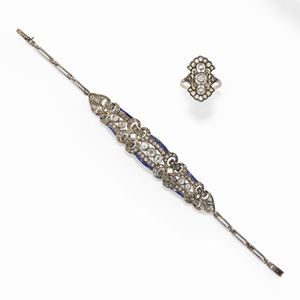 A 18K gold, silver, diamond and sapphire bracelet and ring