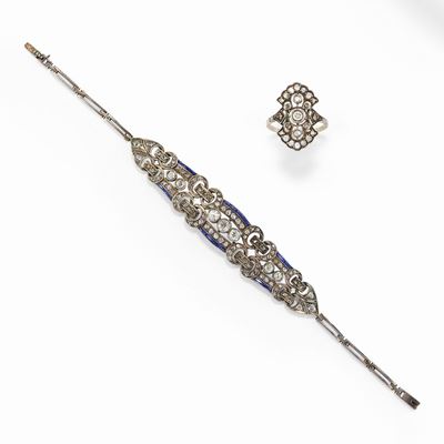 Bracciale e anello in oro 18K e argento con diamanti e zaffiri