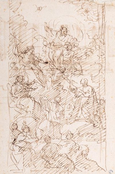 Gloria Celeste con la Trinità e Santi (recto); e Studi Architettonici (verso)