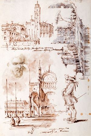 Architectural study, a soldier and manly head