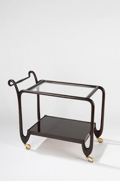 Carrello in noce con piano in vetro e dettagli in ottone, circa 1950