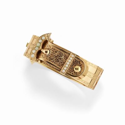 Bracciale rigido in oro rosso 18K con perle naturali, fine XIX secolo