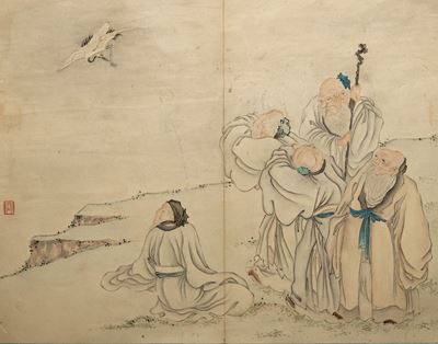 Cina, Dinastia Qing, Coppia di dipinti con scene di saggi in un paesaggio, tempera su carta