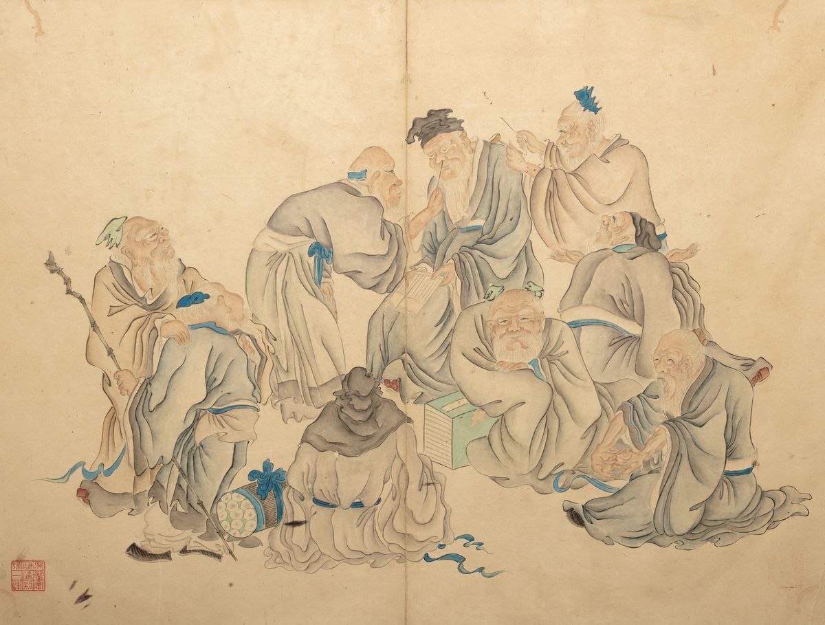 Cina, Dinastia Qing, Coppia di dipinti con scene di saggi in un paesaggio, tempera su carta