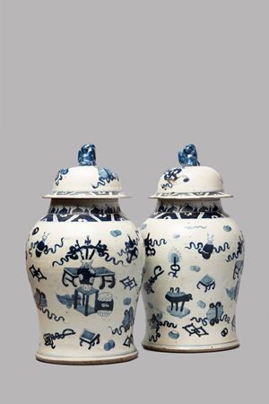 Pair of blue and white porcelain vases with Pho dogs on the lid, China, 20th century