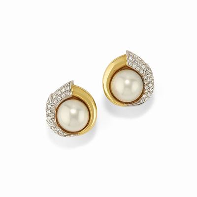 Orecchini, oro bicolore 18K con diamanti e perle mabè