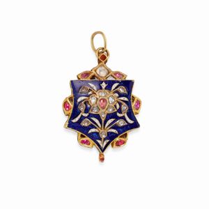  - A 18K yellow gold, enamel and colored gemstone pendant, India
