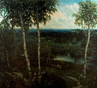 Paesaggio boscoso, olio su tela