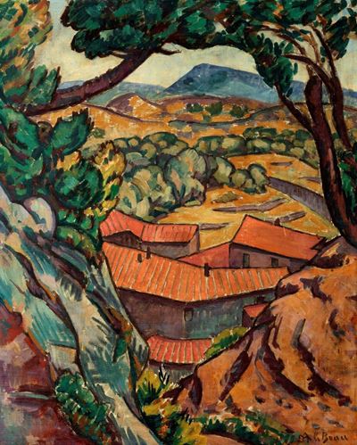 Paesaggio francese con tetti, olio su tela