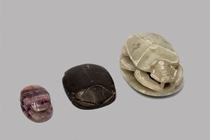 Three scarabs: one in alabaster, one in Blue John and one in black stone, 19th century