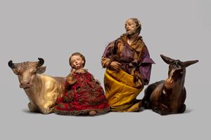 Lot of four nativity sculptures: Baby Jesus and Saint Joseph (19th century); the ox and the donkey (20th century)