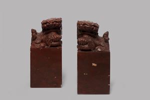 Pair of Pho dogs in soapstone, China, late 19th-early 20th century
