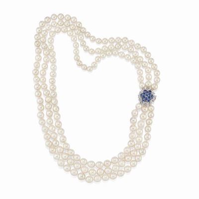 Collana con perle coltivate e zaffiri, oro bianco 18K