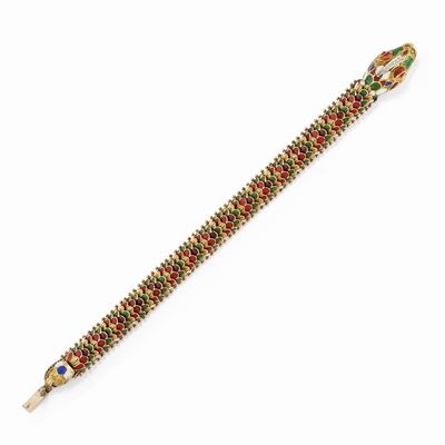 Bracciale a serpente in oro giallo 18K con smalti policromi, circa 1970